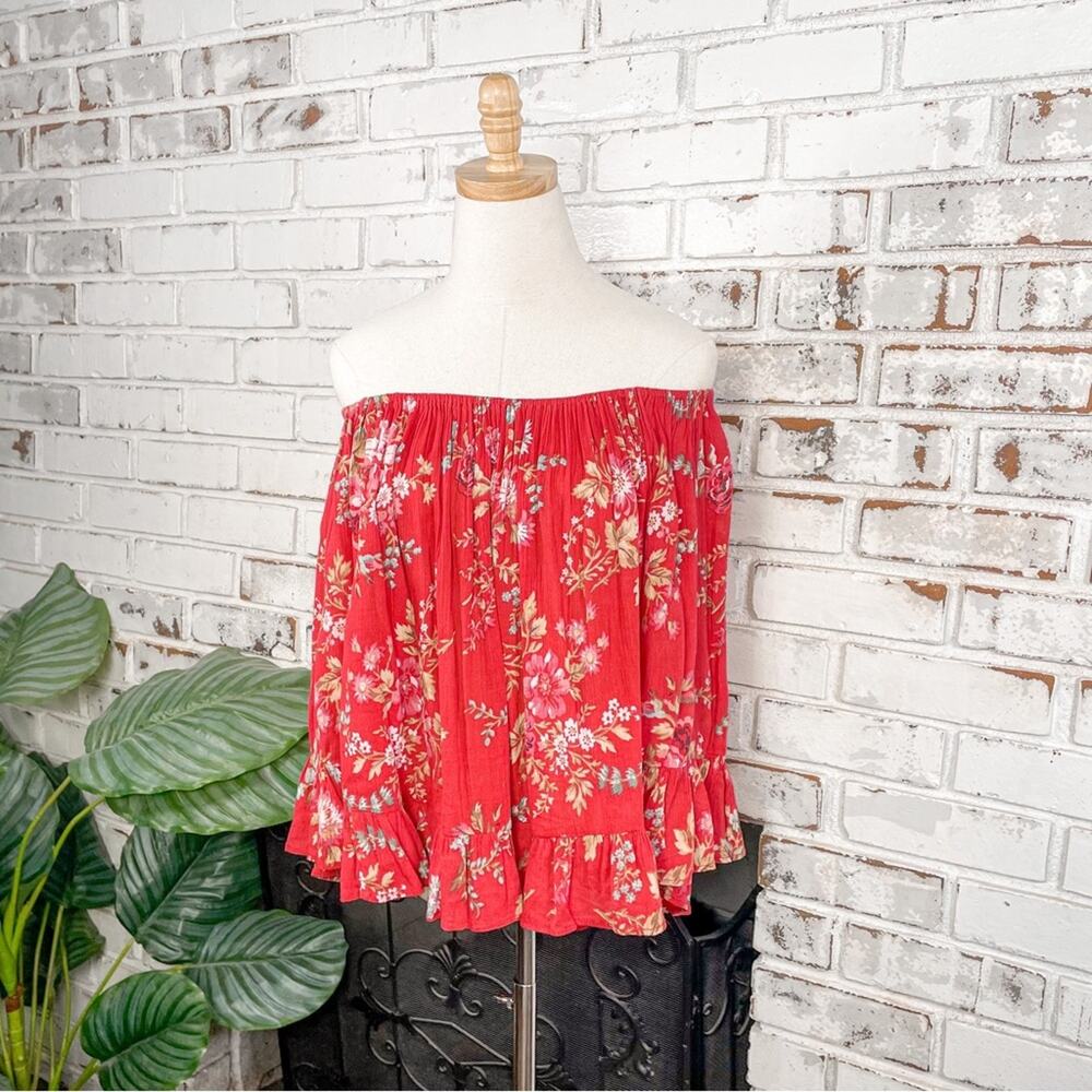 Vintage Denim & Supply Ralph Lauren Red Cotton Floral Flowy 3/4 Sleeve Top L